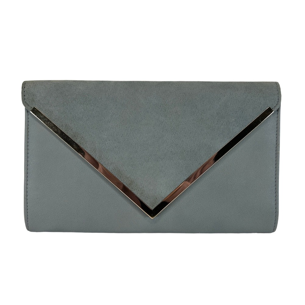 Aldo Blue Grey Faux Suede Envelope Clutch Bag Gold V Trim Formal Evening Handbag
